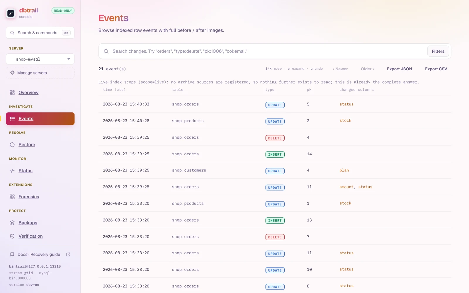The Events screen listing indexed row events with time, table, type badge, primary key and changed columns, plus search, filters and JSON/CSV export.