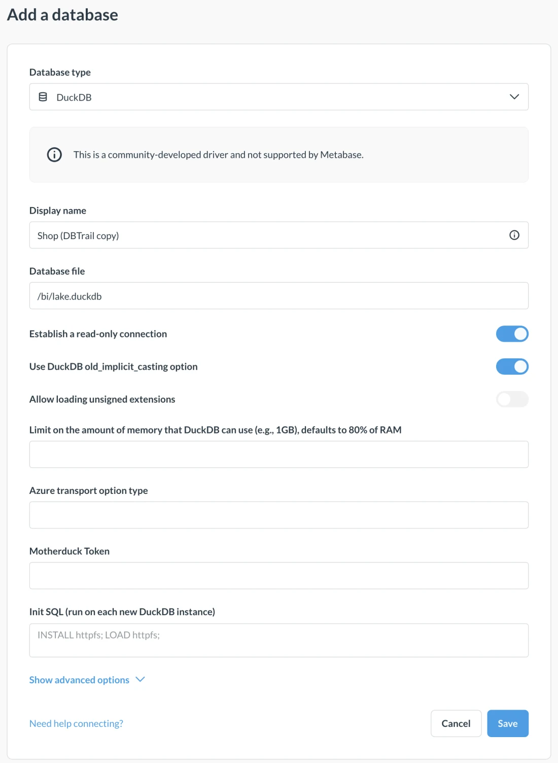 Metabase's Add a database form with DuckDB selected, display name Shop (DBTrail copy), database file /bi/lake.duckdb, and Establish a read-only connection turned on.