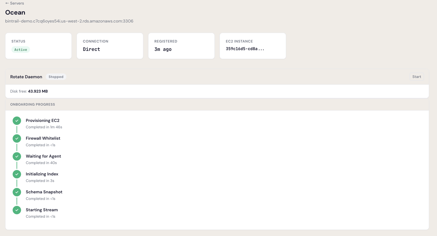 Server with Active status — all onboarding steps completed