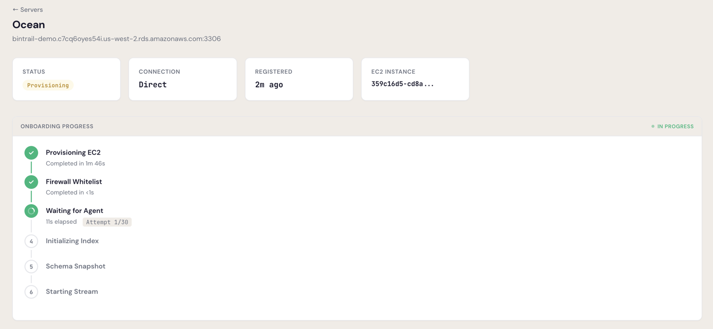 Onboarding progress showing completed steps and Waiting for Agent in progress