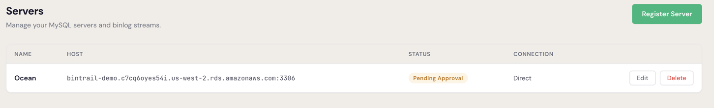 Servers list showing a server with Pending Approval status
