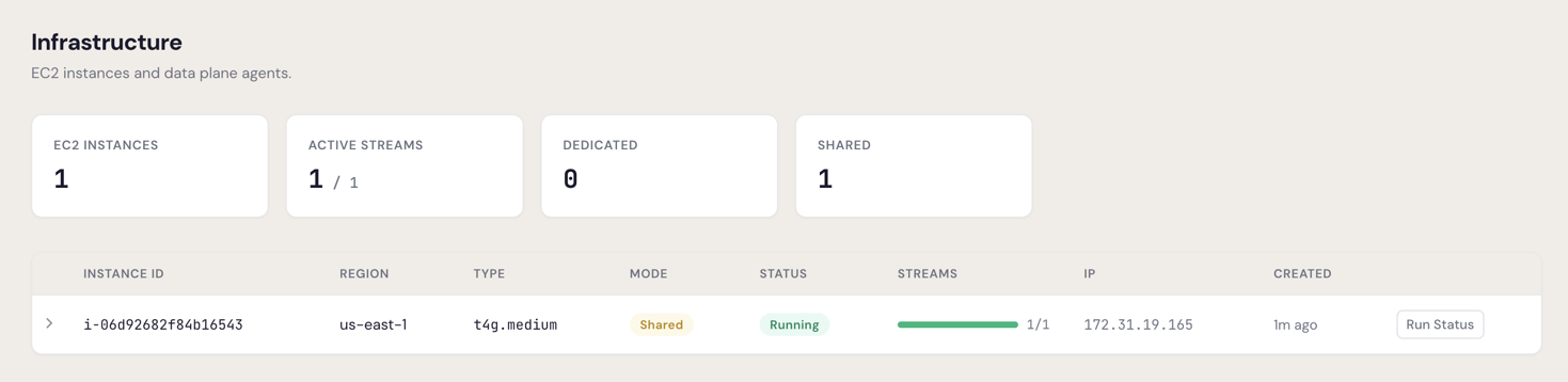 Infrastructure page showing EC2 instance with active stream running