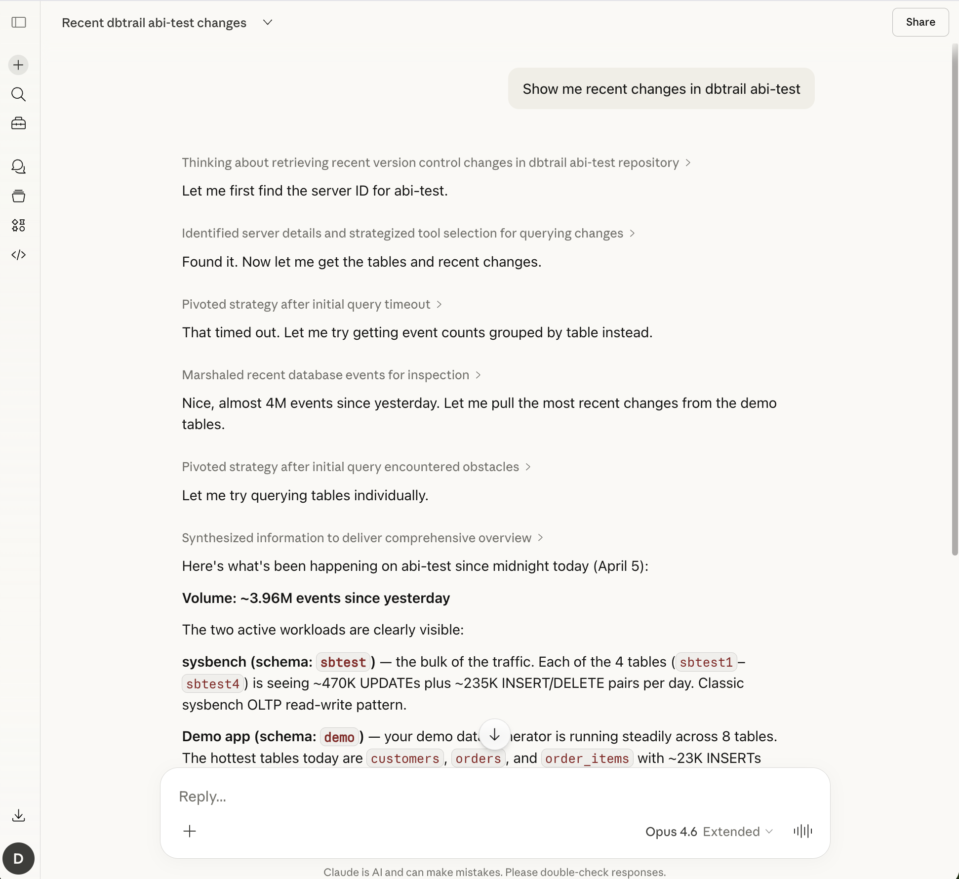 Claude querying dbtrail via MCP — showing recent changes with event counts and table breakdown