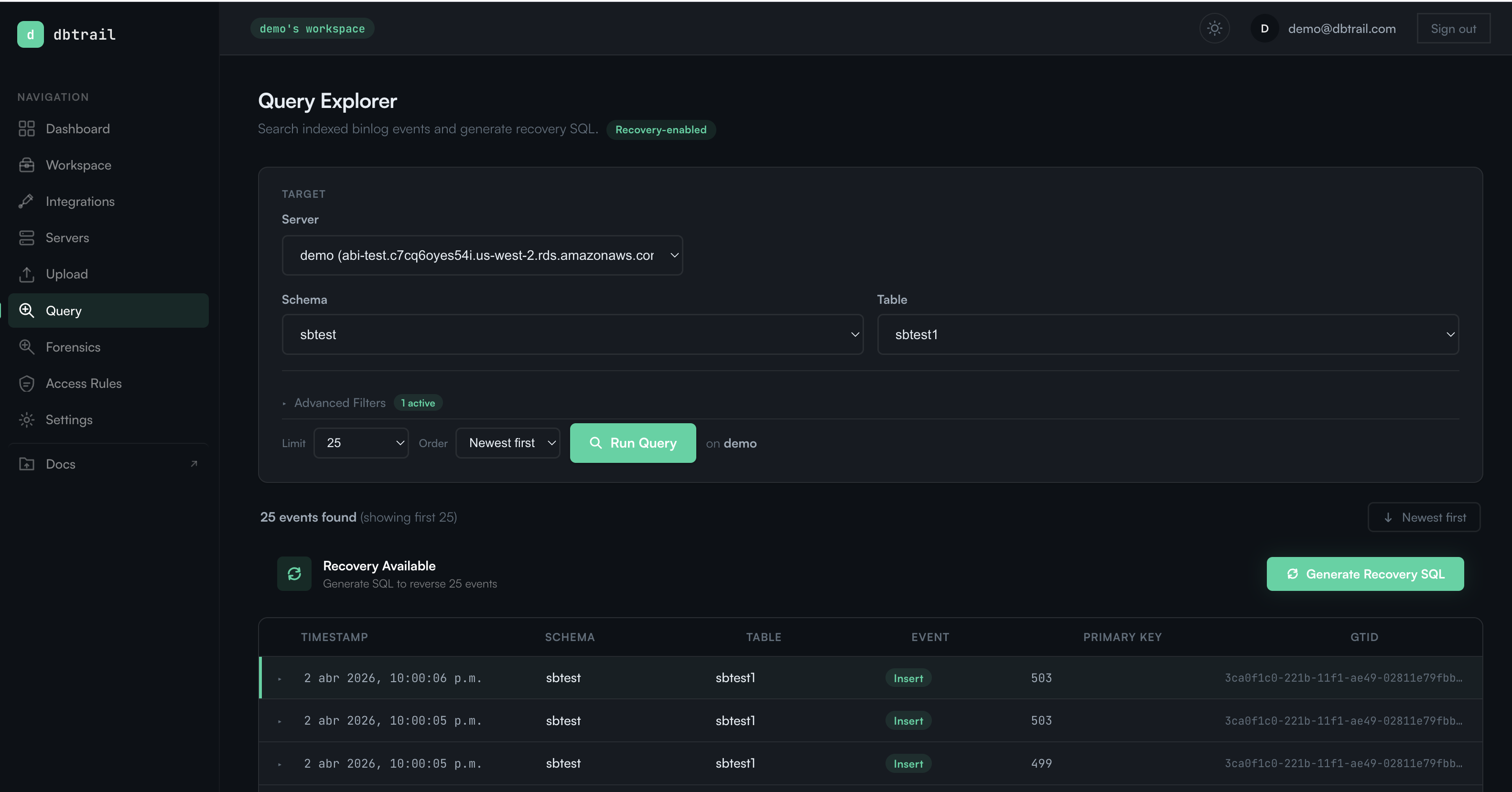 dbtrail Query Explorer showing recent INSERT events with schema, table, event type, and primary key columns