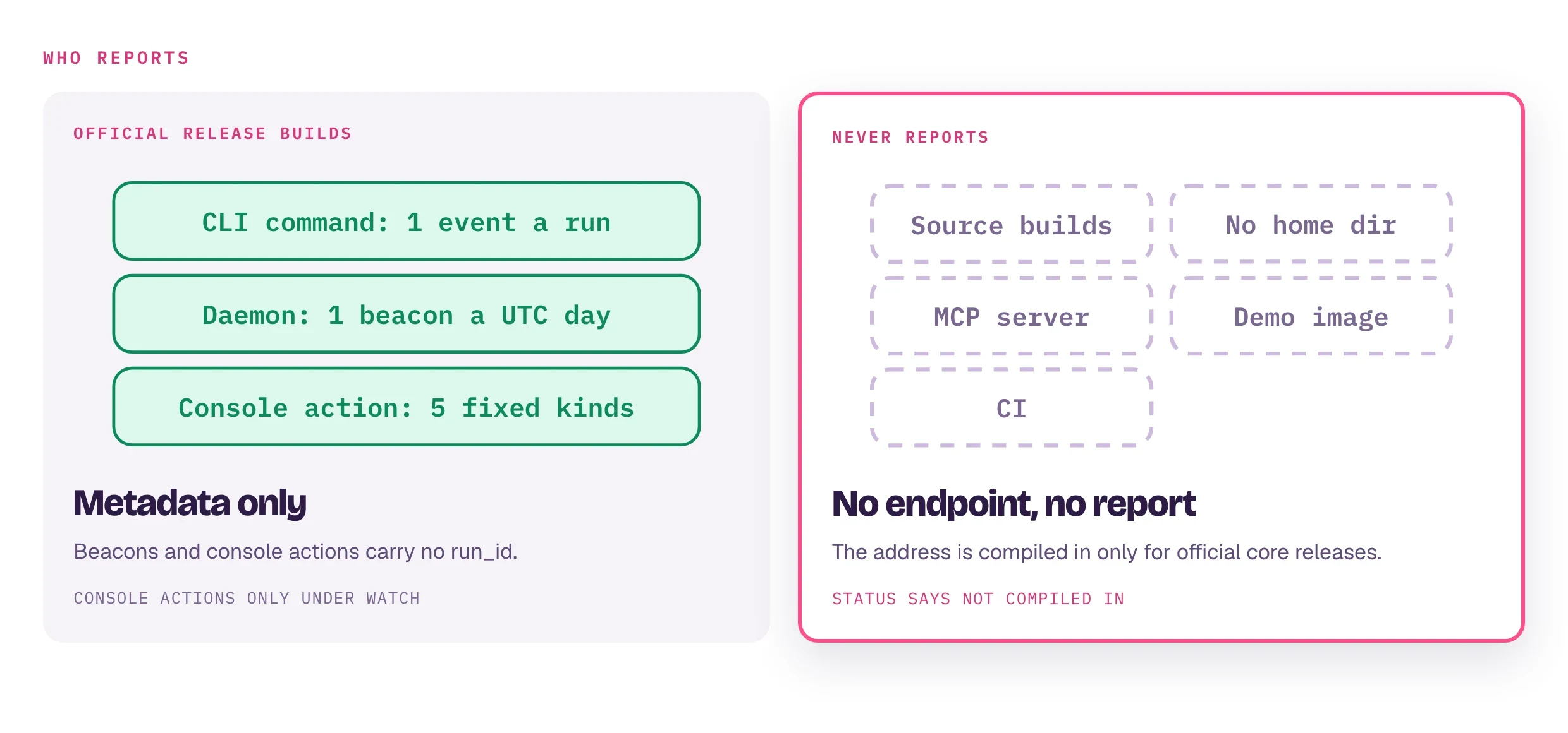 Official release builds report: one event per CLI command, one beacon per UTC day per daemon, and five fixed web interface action kinds; beacons and web interface actions carry no run_id. Never reports: source builds, the MCP server, the demo image, CI environments, and processes with no home directory, because the ingestion address is compiled in only for official core releases.